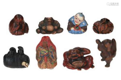 Lot of eight netsuke, 1) wood and lacquer, Shojo-No actor. H. 5 cm. 2) wood, Fusuke drinking tea. H.