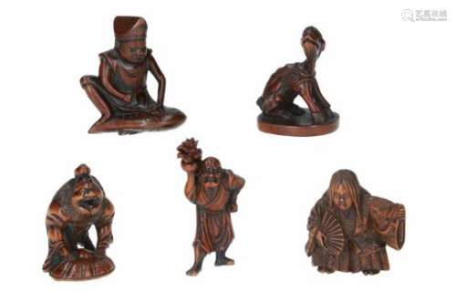 Lot of five netsuke, 1) wood, Oni captured under a hat by Shoki. H. 4.5 cm. 2) boxwood, dancing