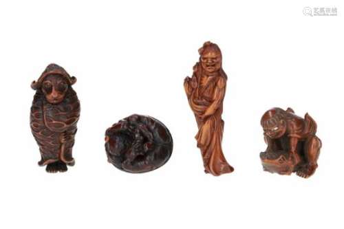 Lot of four netsuke, 1) boxwood, Gama Sennin with toad. Signed Masakazu. H. 3.5 cm. 2) wood,