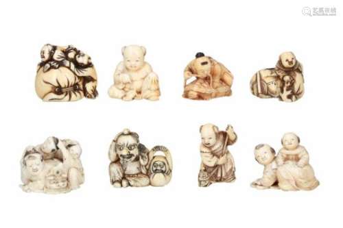 Lot of eight netsuke, 1) ivory, three karako and shishi costume. Signed Ryoji and Kakihan. H. 3