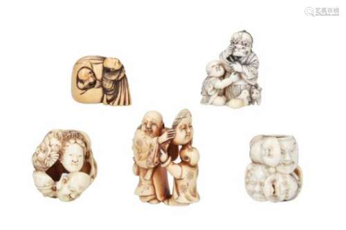 Lot of five netsuke, 1) ivory, karako with Hotei in bag. H. 2.5 cm. 2) ivory, the seven lucky