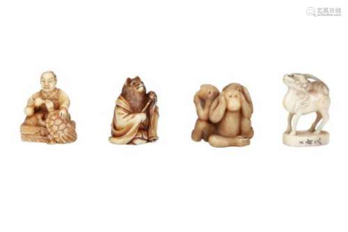 Lot of four netsuke, 1) ivory, the three wise monkeys. Signed Ikkosai. H. 3 cm. 2) ivory, Kirin on