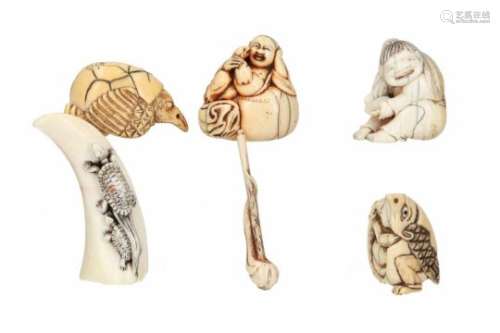 Lot of six netsuke, 1) boar tooth, two minogame. L. 7 cm. 2) ivory, Karasu Tengu hatching from