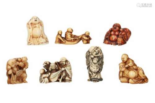 Lot of seven netsuke, 1) ivory, standing Hotei with karako in bag. Signed Hidemasa. H. 5 cm. 2)