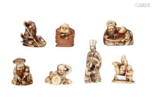 Lot of seven netsuke, 1) ivory and wood, Fukusuke with moving head. Signed Somin. H. 3.5 cm. 2)