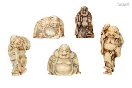 Lot of five netsuke, 1) ivory, standing Hotei with karako on his shoulder. H. 7 cm. 2) ivory,