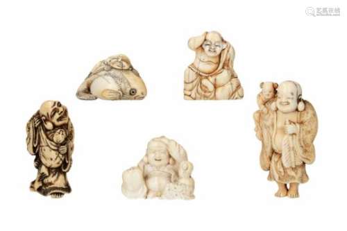 Lot of five netsuke, 1) ivory, Hotei on puffer fish. H. 2.5 cm. 2) ivory, standing Hotei with fan