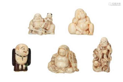 Lot of five netsuke, 1) wood and ivory, standing Hotei. Signed. H. 4 cm. 2) ivory, sitting figure