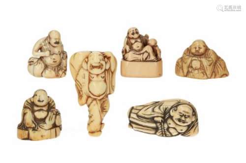 Lot of nine netsuke, 1) ivory, standing Hotei with bag on his back. H. 7 cm. 2) ivory, sitting Hotei