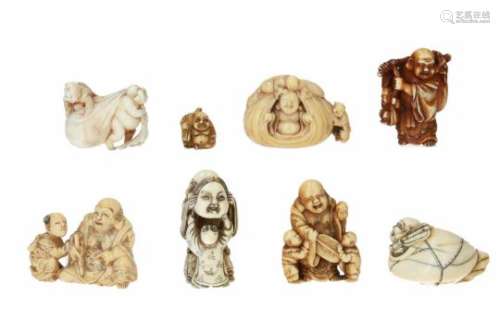 Lot of seven netsuke and one ojime, 1) ivory, sitting Hotei with karako and pencil, with a drawing