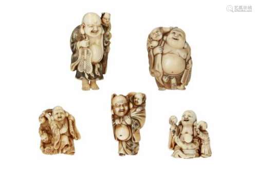 Lot of five netsuke, 1) ivory, Hotei with karako and bag on his shoulder. Signed. H. 5.5 cm. 2)