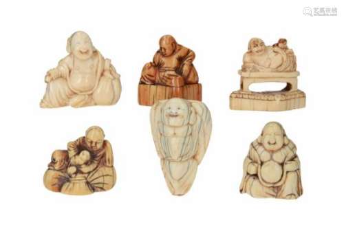 Lot of six netsuke, 1) ivory, Hotei and karako on a bed. H. 4.5 cm. 2) ivory, sitting Hotei with