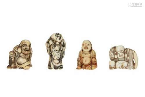 Lot of four netsuke, 1) ivory, sitting Hotei. H. 4 cm. 2) ivory, standing Hotei carrying karako in