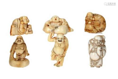Lot of six netsuke, 1) ivory, standing Hotei carrying karako and bag. H. 5 cm. 2) ivory, sitting