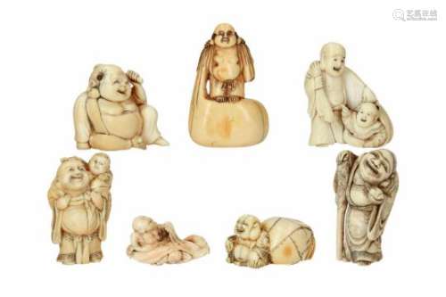 Lot of seven netsuke, 1) ivory, Hotei with karako in bag. Signed Kochu. H. 5 cm. 2) ivory,