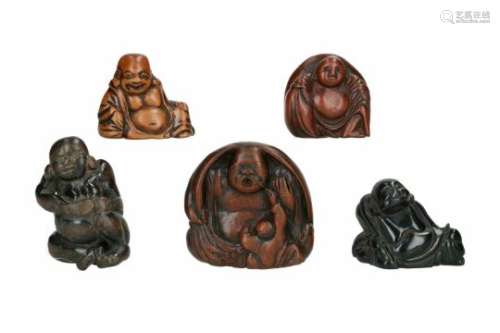 Lot of five netsuke, 1) wood, Hotei (erotic). H. 5.5 cm. 2) ebony wood, sitting Hotei. H. 3.5 cm. 3)