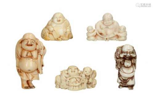 Lot of five netsuke, 1) ivory, standing Hotei carrying karako. Signed Hidemasa. H. 5 cm. 2) ivory,