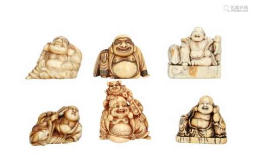 Lot of six netsuke, 1) ivory, sitting Hotei. H. 3.5 cm. 2) ivory, Hotei with bag, fan and rat. H.