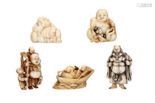 Lot of five netsuke, 1) ivory, standing Hotei with staff and two karako. Signed Masatsugu. H. 5