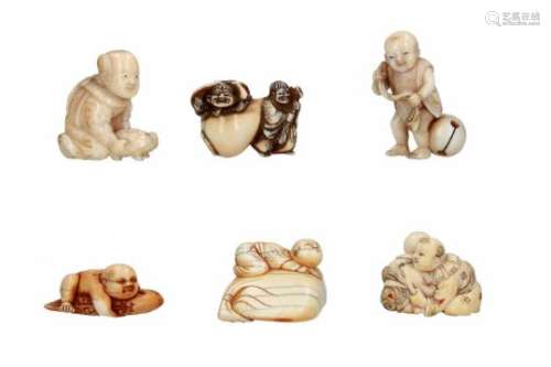 Lot of six netsuke, 1) ivory, two Shoki with sake bottle. Signed Sanraku. L. 3.5 cm. 2) Narwhale