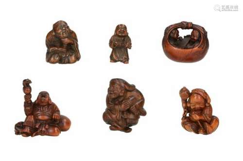 Lot of six netsuke, 1) wood, Daikoku with hammer and chisel. Signed Fuzui. H. 3.5 cm. 2) wood,