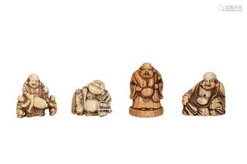 Lot of four netsuke, 1) ivory, standing Hotei with two karako. H. 4 cm. 2) ivory, sitting Hotei with