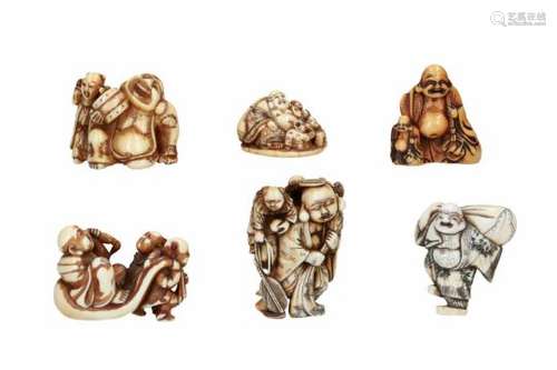 Lot of six netsuke, 1) ivory, standing Hotei with two karako, bag and fans. H. 5 cm. 2) ivory and