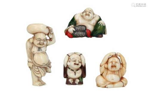 Lot of four netsuke, 1) ivory, wood and lacquer, Hotei with hands on his head. Signed Akishige. H.