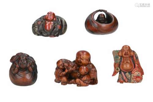 Lot of five netsuke, 1) wood, Hotei with scroll in bag. Signed Masayuki. H. 2.5 cm. 2) wood,