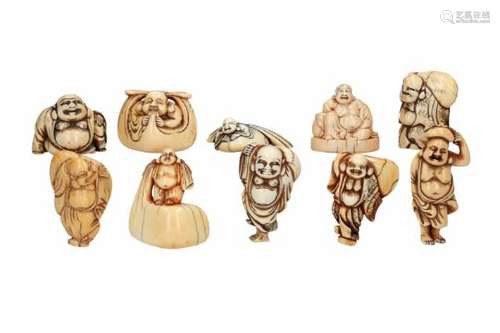 Lot of ten netsuke, 1) ivory, Hotei standing on bag. H. 5.5 cm. 2) ivory, lying Hotei with bag. L.