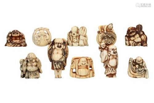 Lot of ten netsuke, 1) ivory, Hotei with karako holding fan in bag. H. 3.5 cm. 2) ivory, Hotei. H.