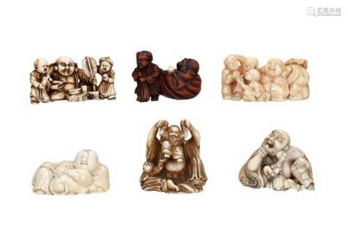 Lot of six netsuke, 1) ivory, sitting Hotei playing with two karako. Signed Kigyoku. H. 4.5 cm. 2)