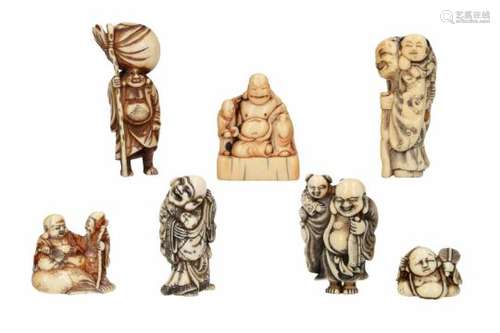 Lot of seven netsuke, 1) ivory, standing Hotei with karako in bag. H.5.5 cm. 2) ivory, Hotei with