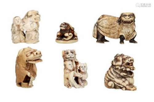 Lot of six netsuke, 1) ivory, shishi with ball. H. 4 cm. 2) ivory, two karako with shishi costume.