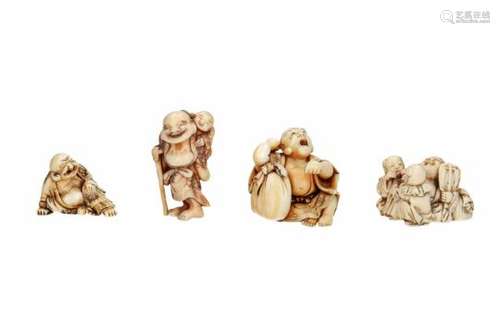 Lot of four netsuke, 1) ivory, standing Hotei with staff and karako on his back. H. 5 cm. 2)