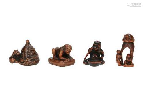 Lot of four netsuke, 1) wood, Kiyohime with bell. H. 3.5 cm. 2) wood, Oni with bowl. Signed. H. 3.