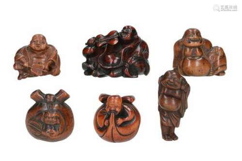 Lot of six netsuke, 1) wood, sitting Hotei with fan and bag. L. 5.5 cm. 2) boxwood, standing Hotei