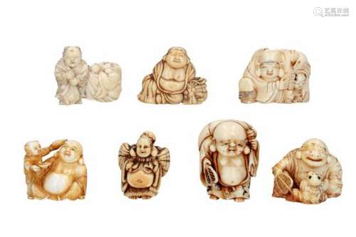 Lot of seven netsuke, 1) ivory, sitting Hotei with fan and karako. H. 3 cm. 2) ivory, Hotei with