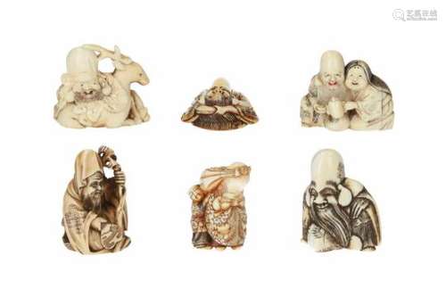 Lot of six netsuke, 1) ivory, sitting Jurojin with deer. Signed Yoshitomo. H. 3.5 cm. 2) ivory,