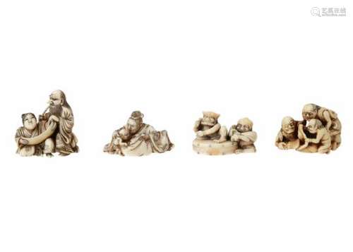 Lot of four netsuke, 1) ivory Raiden with son. Signed Ikkosai. H. 3 cm. 2) ivory Shoki with Oni