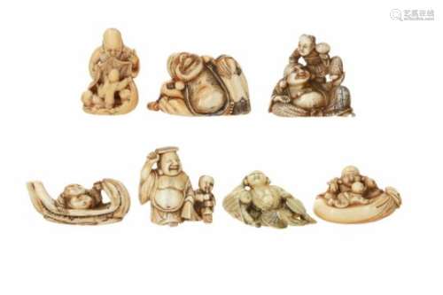 Lot of seven netsuke, 1) ivory, Hotei with karako in bag, fan and hat. Signed Ranseki. L. 5 cm. 2)