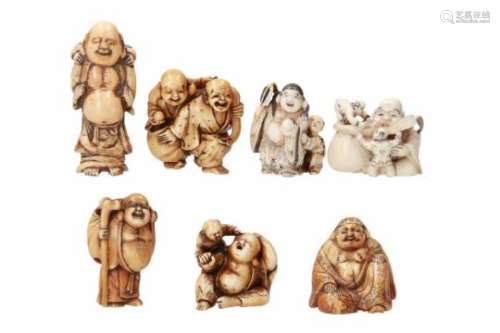 Lot of seven netsuke, 1) ivory, sitting Hotei with karako. Signed Mitsunaga. H. 3.5 cm. 2) ivory,