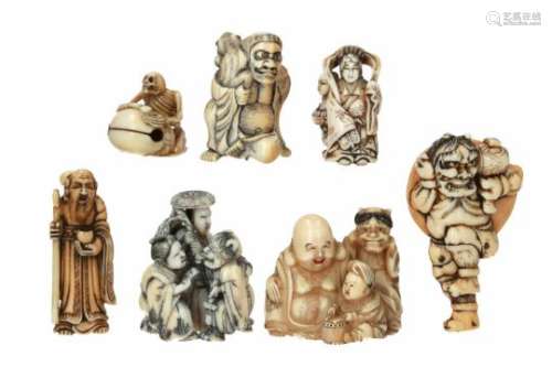 Lot of seven netsuke, 1) ivory, Gama Sennin with a toad on his shoulder. H. 4 cm. 2) ivory, a