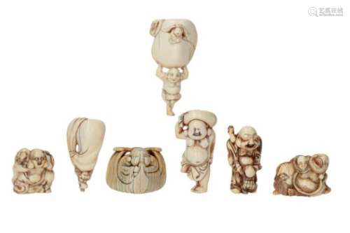 Lot of seven netsuke, 1) ivory, standing Hotei with bag on his head. H. 6 cm. 2) ivory, Hotei with