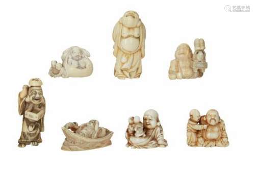 Lot of seven netsuke, 1) ivory, Hotei with tama pearl in bag and two karako. Signed Gyokuzan. H. 2.5