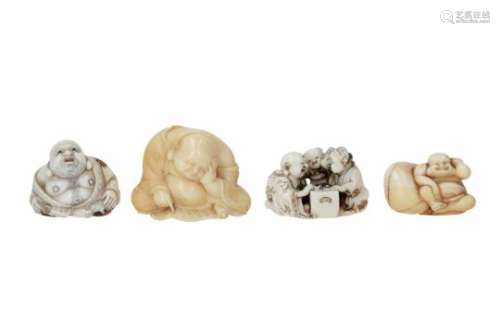 Lot of four netsuke, 1) ivory, sitting Hotei leaning on his bag. L. 3.5 cm. 2) ivory, mother of