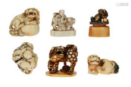 Lot of six netsuke, 1) ivory, shishi with ball. H. 4 cm. 2) ivory, shishi with tama pearl. L. 4.5