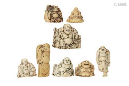 Lot of eight netsuke, 1) ivory standing Hotei with bag. H. 6.5 cm. 2) ivory, sitting Hotei with bag.