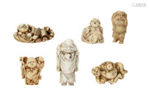 Lot of six netsuke, 1) ivory, standing Hotei with karako in bag. Signed Hidemasa. H. 6 cm. 2)