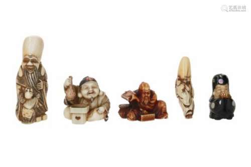 Lot of five netsuke, 1) wood, ivory and mother of pearl, sitting Jurojin with minogame. Signed